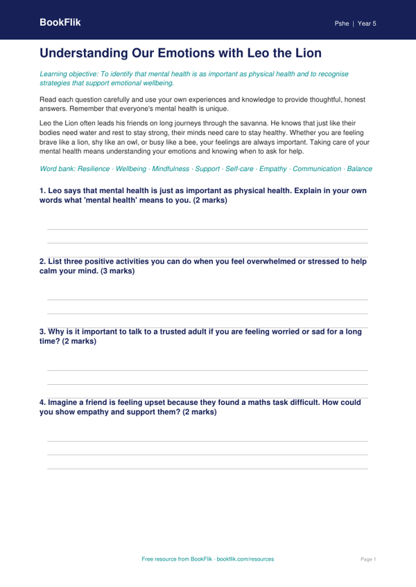 Free Mental Health Worksheet | Year 5 Core | BookFlik worksheet preview — Pshe Mental Health