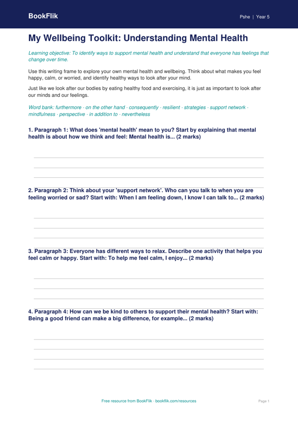 Free Mental Health Writing Frame | Year 5 Core | BookFlik worksheet preview — Pshe Mental Health