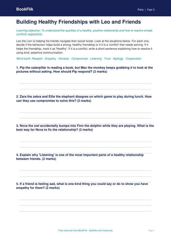 Free Relationships Activity Sheet | Year 5 Core | BookFlik worksheet preview — Pshe Relationships