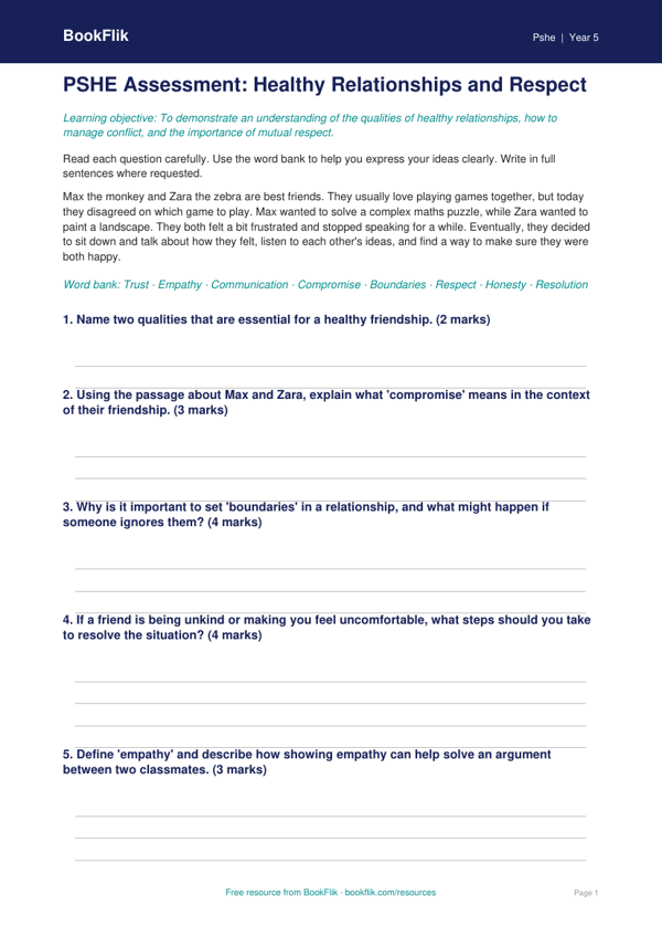 Free Relationships Assessment | Year 5 Core | BookFlik worksheet preview — Pshe Relationships