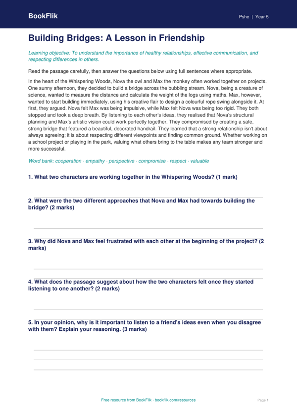 Free Relationships Comprehension | Year 5 Core | BookFlik worksheet preview — Pshe Relationships