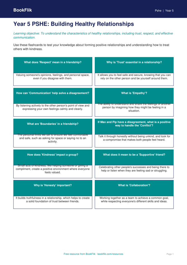 Free Relationships Flashcards | Year 5 Core | BookFlik worksheet preview — Pshe Relationships