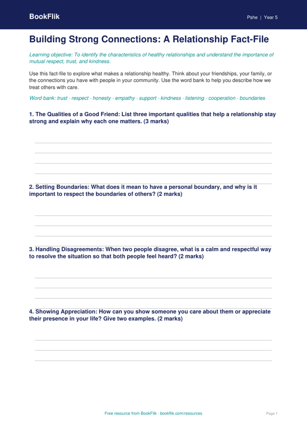 Free Relationships Template | Year 5 Core | BookFlik worksheet preview — Pshe Relationships