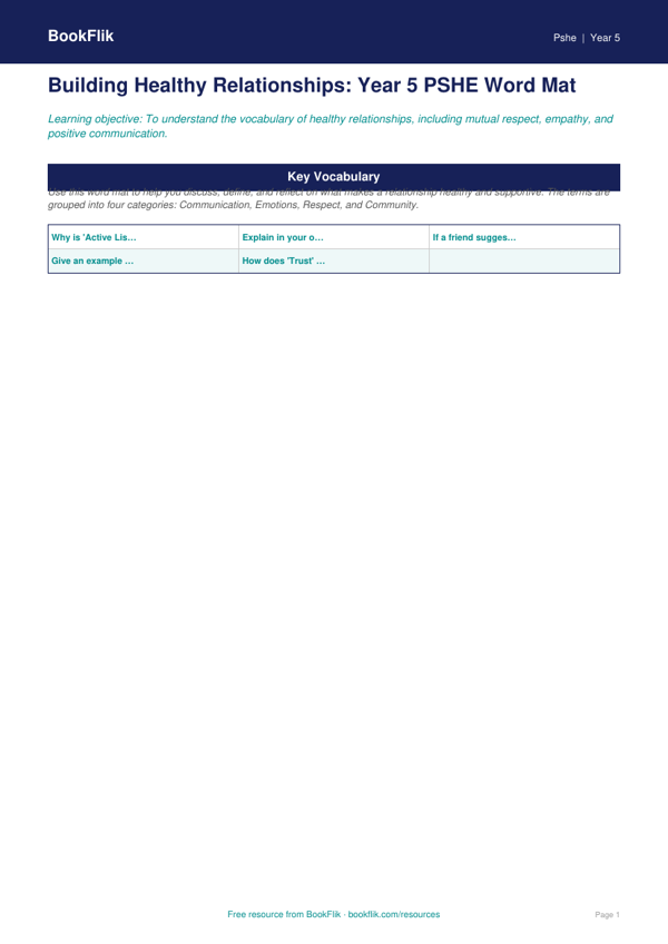 Free Relationships Word Mat | Year 5 Core | BookFlik worksheet preview — Pshe Relationships