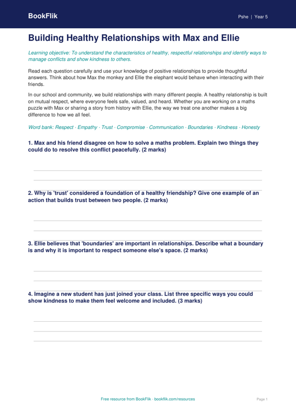 Free Relationships Worksheet | Year 5 Core | BookFlik worksheet preview — Pshe Relationships