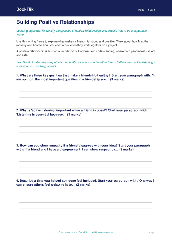Free Relationships Writing Frame | Year 5 Core | BookFlik worksheet preview — Pshe Relationships