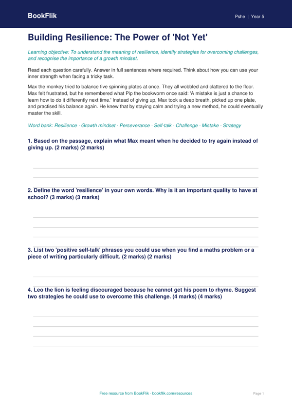 Free Resilience Assessment | Year 5 Core | BookFlik worksheet preview — Pshe Resilience