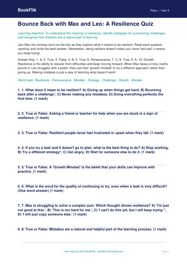 Free Resilience Quiz | Year 5 Core | BookFlik worksheet preview — Pshe Resilience