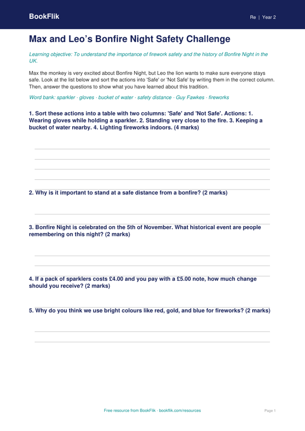 Free Bonfire Night Activity Sheet | Year 2 Core | BookFlik worksheet preview — Re Bonfire Night