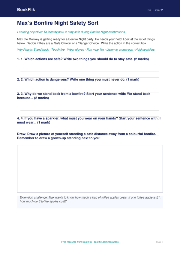 Free Bonfire Night Activity Sheet | Year 2 Supported | BookFlik worksheet preview — Re Bonfire Night