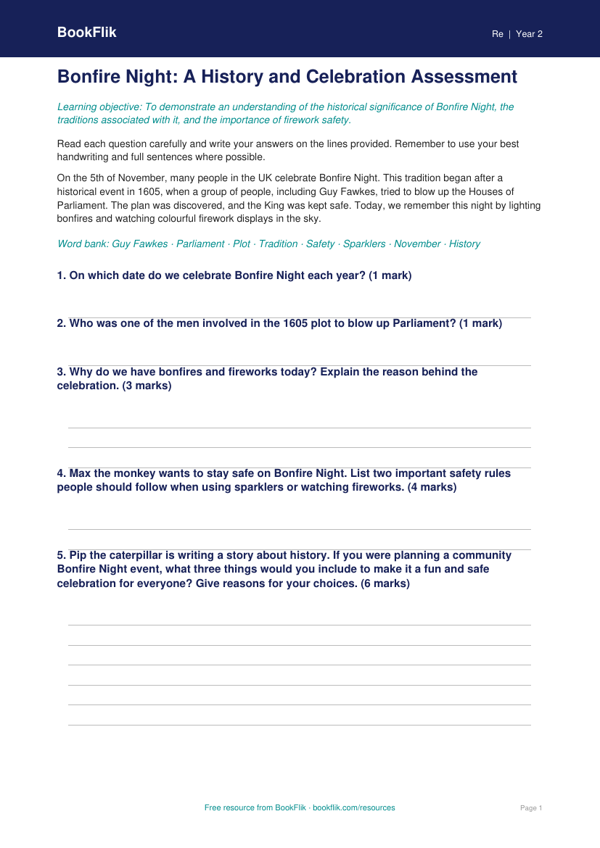 Free Bonfire Night Assessment | Year 2 Core | BookFlik worksheet preview — Re Bonfire Night