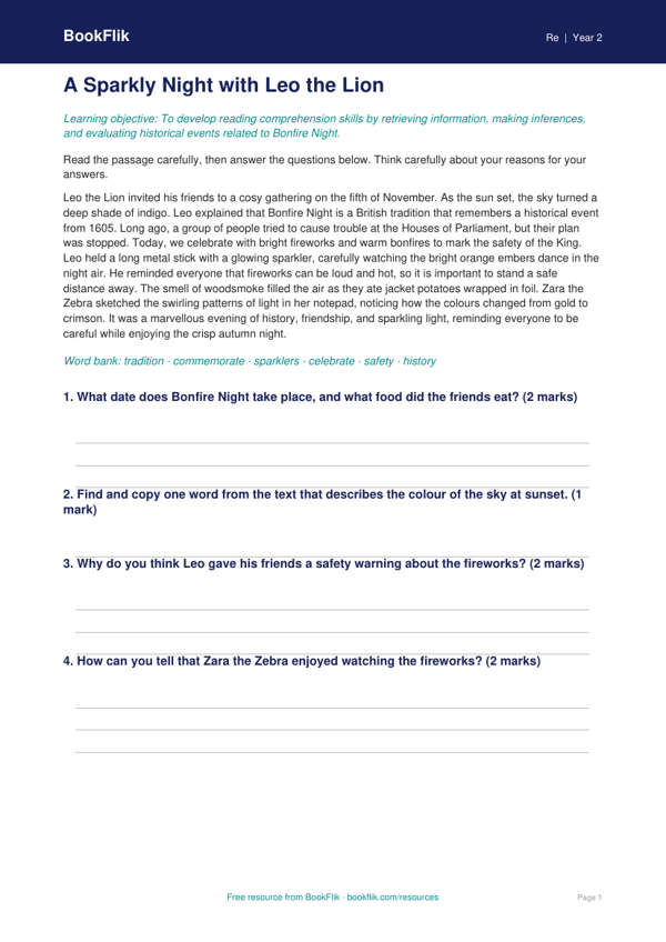 Free Bonfire Night Comprehension | Year 2 Greater Depth | BookFlik worksheet preview — Re Bonfire Night