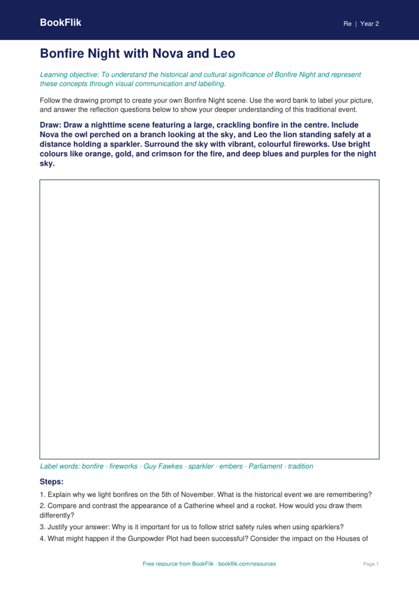 Free Bonfire Night Drawing Sheet | Year 2 Greater Depth | BookFlik worksheet preview — Re Bonfire Night