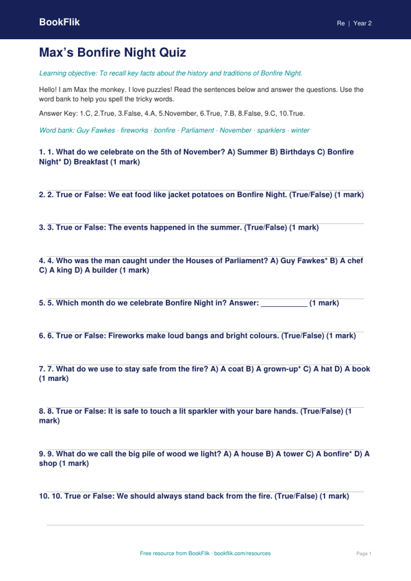 Free Bonfire Night Quiz | Year 2 Supported | BookFlik worksheet preview — Re Bonfire Night