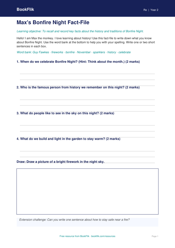 Free Bonfire Night Template | Year 2 Supported | BookFlik worksheet preview — Re Bonfire Night