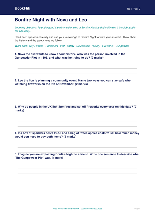 Free Bonfire Night Worksheet | Year 2 Core | BookFlik worksheet preview — Re Bonfire Night