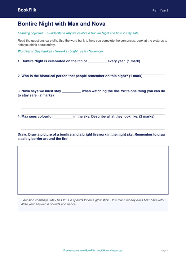Free Bonfire Night Worksheet | Year 2 Supported | BookFlik worksheet preview — Re Bonfire Night