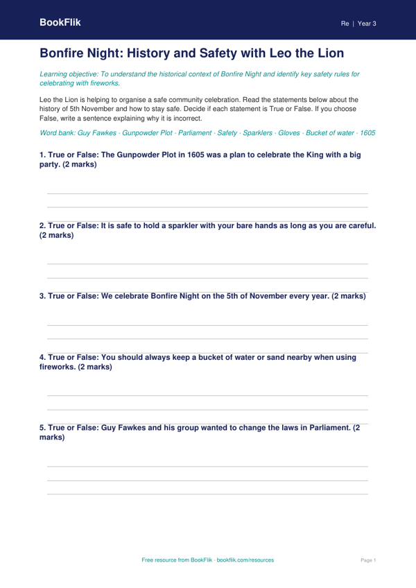 Free Bonfire Night Activity Sheet | Year 3 Core | BookFlik worksheet preview — Re Bonfire Night