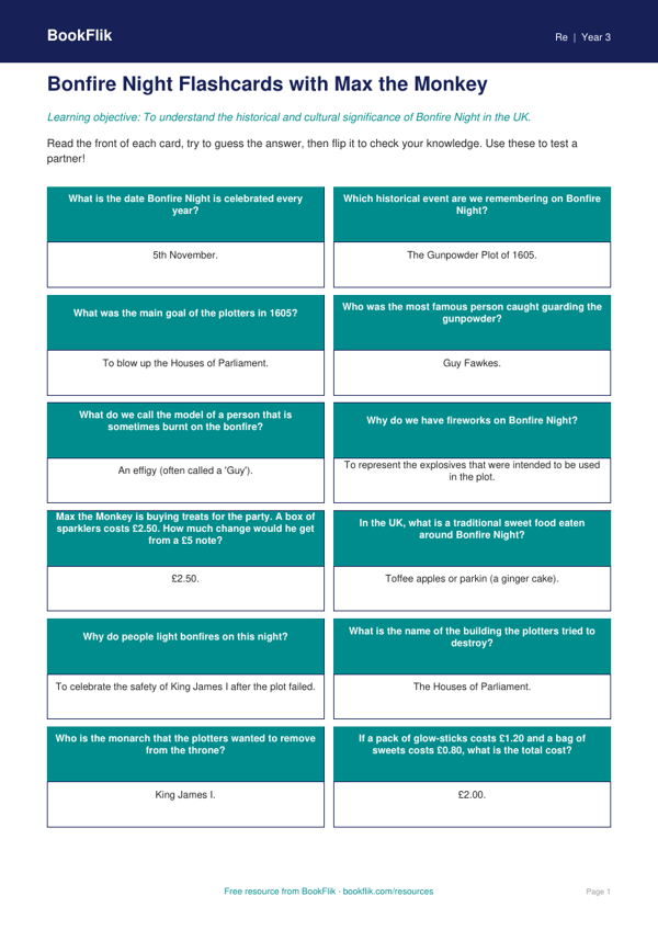 Free Bonfire Night Flashcards | Year 3 Core | BookFlik worksheet preview — Re Bonfire Night
