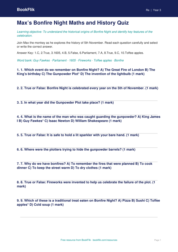 Free Bonfire Night Quiz | Year 3 Core | BookFlik worksheet preview — Re Bonfire Night