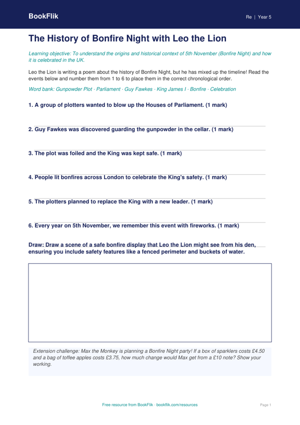 Free Bonfire Night Activity Sheet | Year 5 Core | BookFlik worksheet preview — Re Bonfire Night