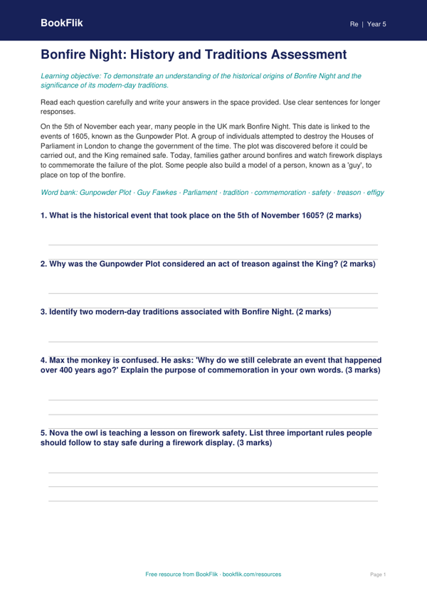 Free Bonfire Night Assessment | Year 5 Core | BookFlik worksheet preview — Re Bonfire Night