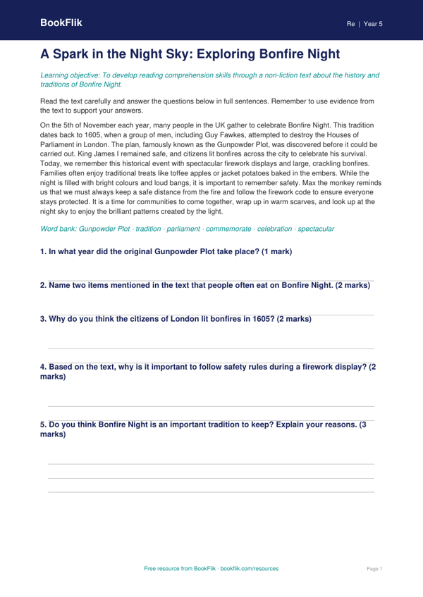 Free Bonfire Night Comprehension | Year 5 Core | BookFlik worksheet preview — Re Bonfire Night