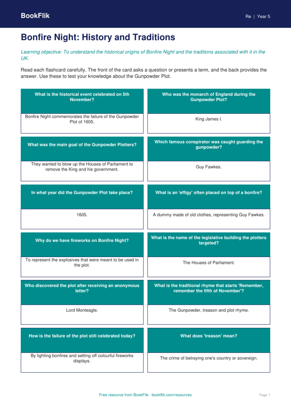 Free Bonfire Night Flashcards | Year 5 Core | BookFlik worksheet preview — Re Bonfire Night