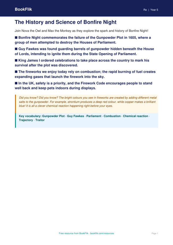 Free Bonfire Night Poster | Year 5 Core | BookFlik worksheet preview — Re Bonfire Night
