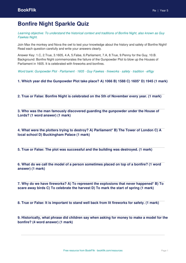 Free Bonfire Night Quiz | Year 5 Core | BookFlik worksheet preview — Re Bonfire Night