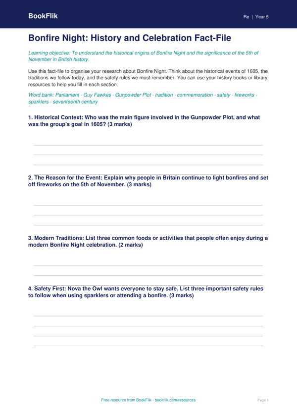 Free Bonfire Night Template | Year 5 Core | BookFlik worksheet preview — Re Bonfire Night