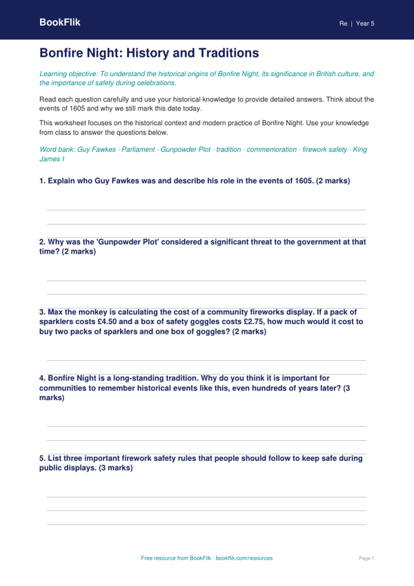 Free Bonfire Night Worksheet | Year 5 Core | BookFlik worksheet preview — Re Bonfire Night