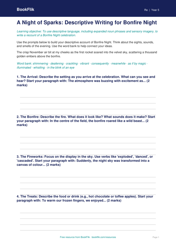 Free Bonfire Night Writing Frame | Year 5 Core | BookFlik worksheet preview — Re Bonfire Night