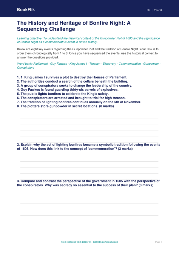 Free Bonfire Night Activity Sheet | Year 6 Greater Depth | BookFlik worksheet preview — Re Bonfire Night