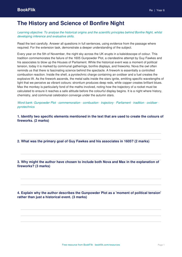 Free Bonfire Night Comprehension | Year 6 Greater Depth | BookFlik worksheet preview — Re Bonfire Night