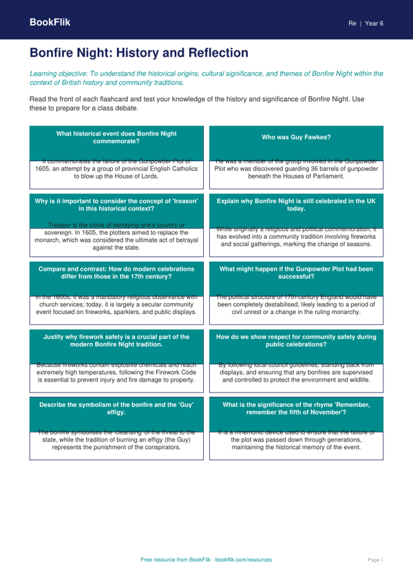 Free Bonfire Night Flashcards | Year 6 Greater Depth | BookFlik worksheet preview — Re Bonfire Night