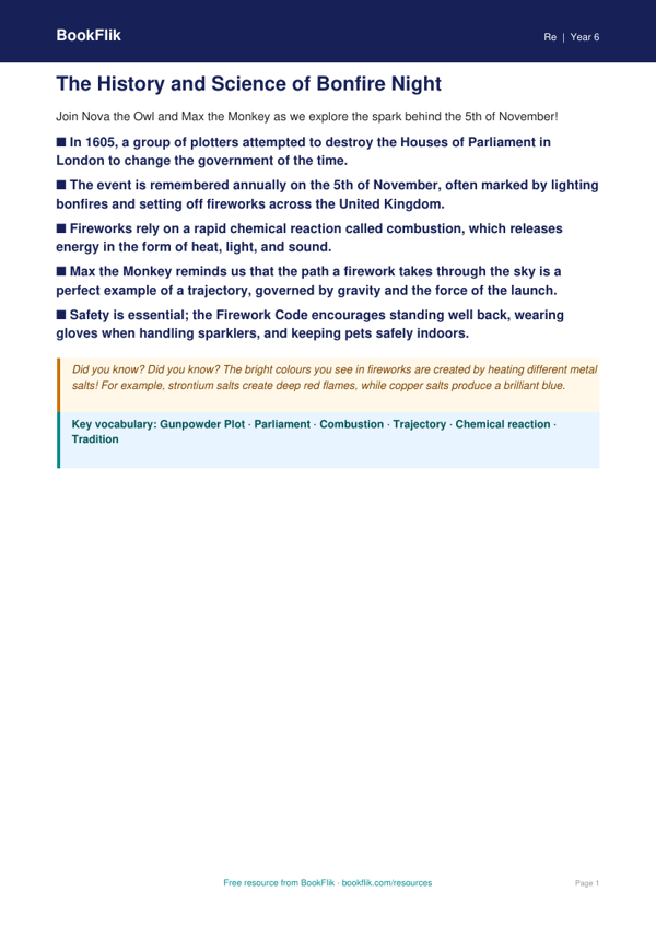 Free Bonfire Night Poster | Year 6 Core | BookFlik worksheet preview — Re Bonfire Night