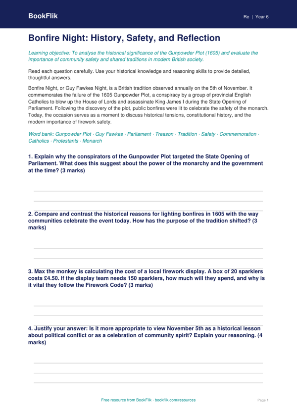 Free Bonfire Night Worksheet | Year 6 Greater Depth | BookFlik worksheet preview — Re Bonfire Night