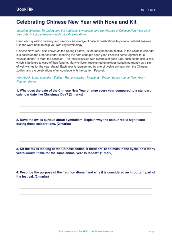 Religious Core Values Free Chinese New Year Worksheet | Year 5 Core | BookFlik | Free ...