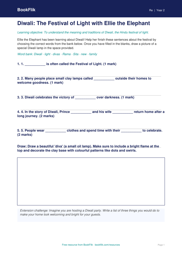 Free Diwali Activity Sheet | Year 2 Core | BookFlik worksheet preview — Re Diwali
