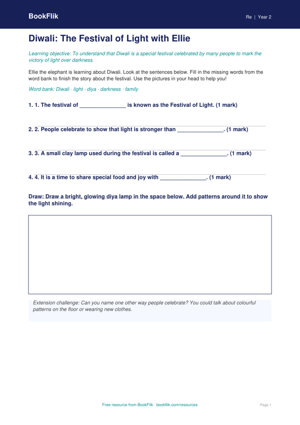 Free Diwali Activity Sheet | Year 2 Supported | BookFlik worksheet preview — Re Diwali