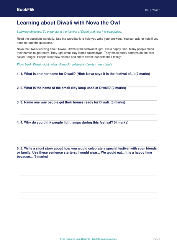 Free Diwali Assessment | Year 2 Supported | BookFlik worksheet preview — Re Diwali