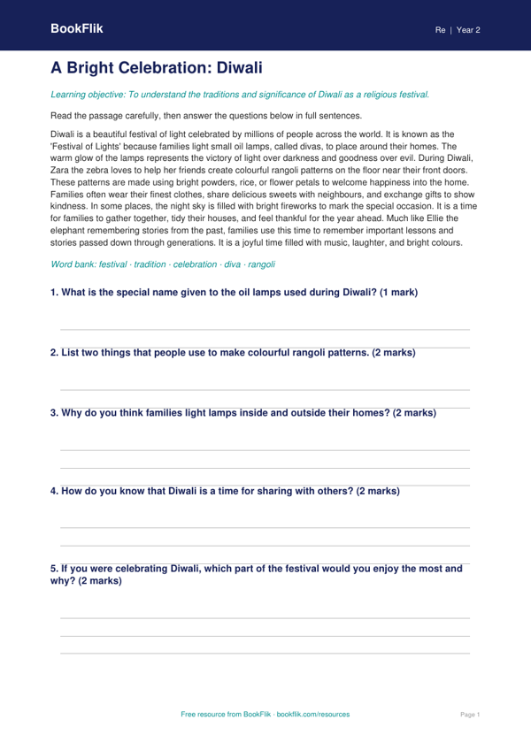 Free Diwali Comprehension | Year 2 Core | BookFlik worksheet preview — Re Diwali