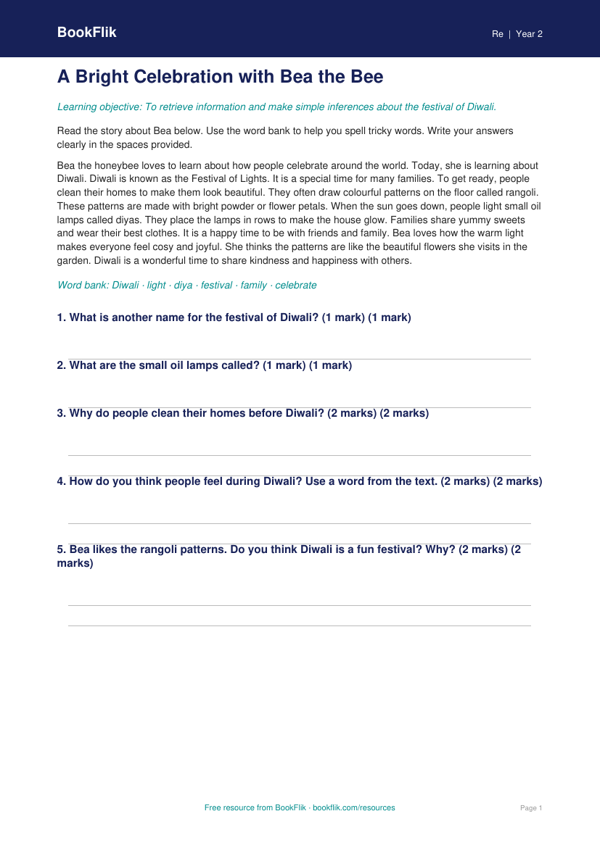 Free Diwali Comprehension | Year 2 Supported | BookFlik worksheet preview — Re Diwali