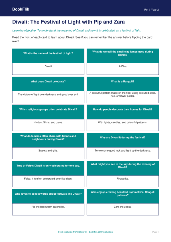 Free Diwali Flashcards | Year 2 Core | BookFlik worksheet preview — Re Diwali