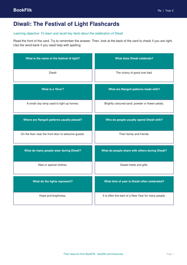 Free Diwali Flashcards | Year 2 Supported | BookFlik worksheet preview — Re Diwali