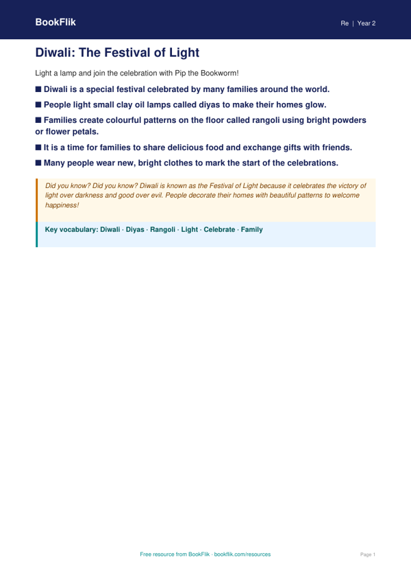 Free Diwali Poster | Year 2 Supported | BookFlik worksheet preview — Re Diwali