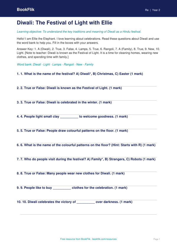 Free Diwali Quiz | Year 2 Supported | BookFlik worksheet preview — Re Diwali