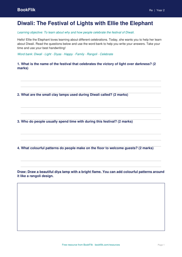 Free Diwali Template | Year 2 Supported | BookFlik worksheet preview — Re Diwali