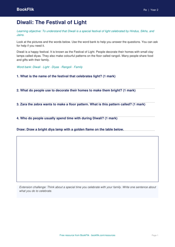 Free Diwali Worksheet | Year 2 Supported | BookFlik worksheet preview — Re Diwali